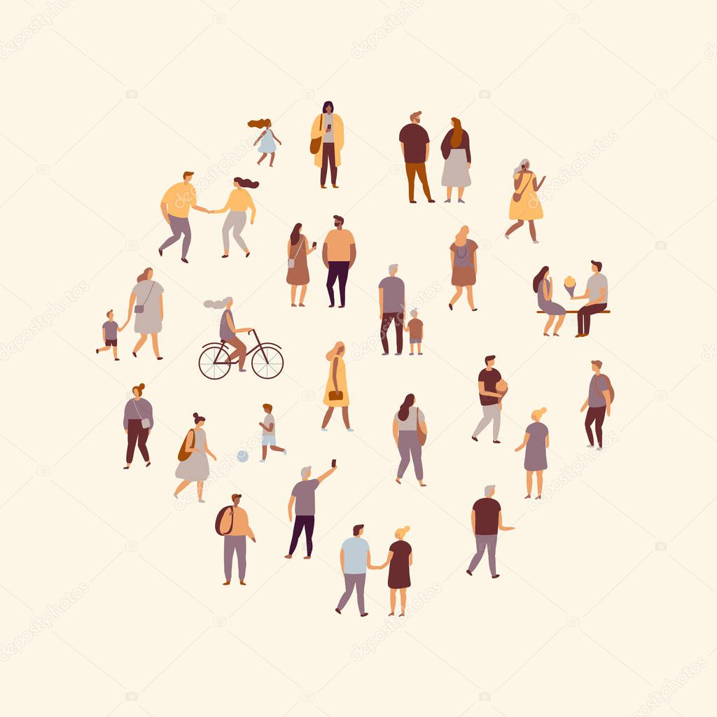 Vector background people. Walking tiny people  flat vector set isolated on white. Men and women, teens, parents. Crowd. Walking, cycling.
