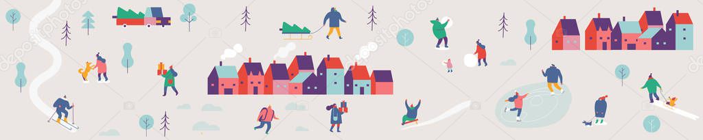 Winter outdoor activities - skating, skiing, throwing snowballs, building snowman. Crowd of tiny people in warm clothes flat vector illustration.