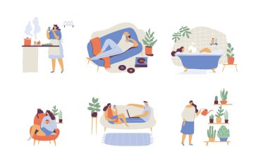 İnsanlar evde düz vektör çiziminde vakit geçiriyorlar. Evde dinlenmek, boş zaman.