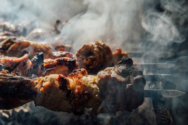 Bir şiş üzerinde sinirli et parçaları