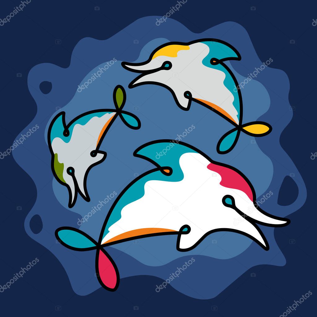 Pod of Abstract Comic Cartoon Hand Drawn Dolphins in the Wildlife Sea Mammals Trio