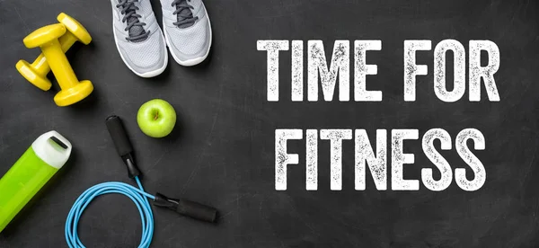 Fitness equipment on a dark background - Time for Fitness — Stock Photo, Image