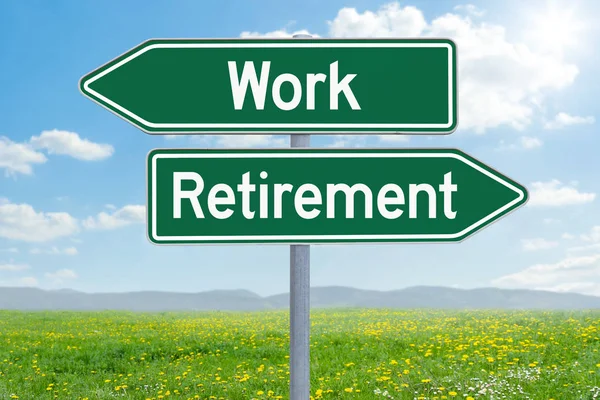 Two green direction signs - Work or Retirement — Stock Photo, Image