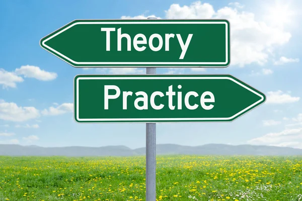 Two green direction signs - Theory or Practice — Stock Photo, Image