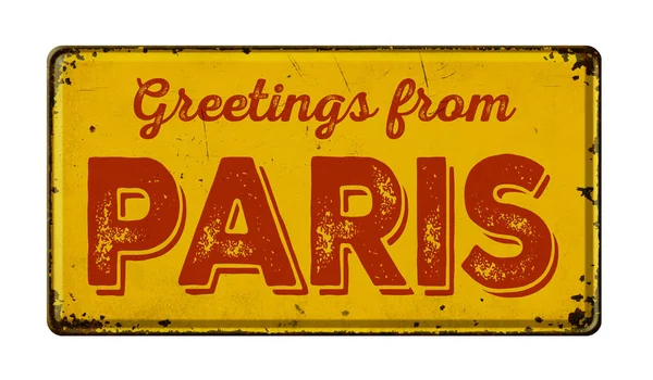 Vintage metal tabelada beyaz bir arka plan - Paris selamlar — Stok fotoğraf
