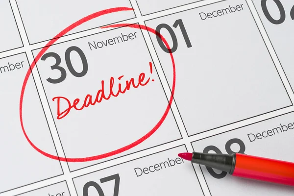 Deadline written on a calendar - November 30 — Stock Photo, Image