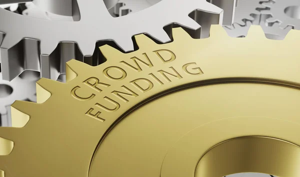 Metall kugghjul med gravyr crowdfunding - 3d render — Stockfoto