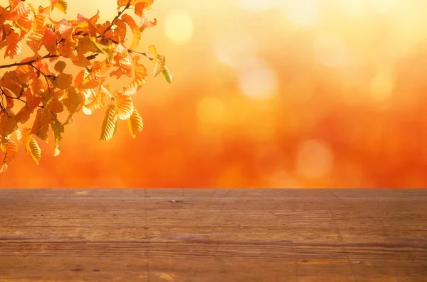 A rustic wooden table with an autumnal background — Stock Photo, Image