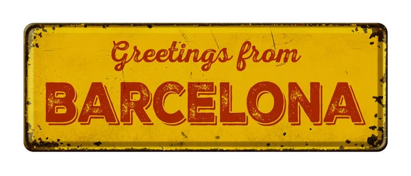 Vintage metall skylt på en vit bakgrund - hälsningar från Barcelona — Stockfoto
