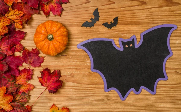 Autumn foliage with a pumpkin and a bat — Stock Photo, Image