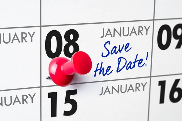 Calendario da parete con spilla rossa - 08 gennaio — Foto Stock