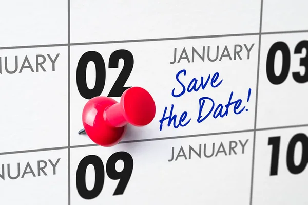 Calendario da parete con spilla rossa - 02 gennaio — Foto Stock