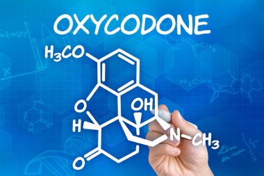 Hand with pen drawing the chemical formula of Oxycodone clipart
