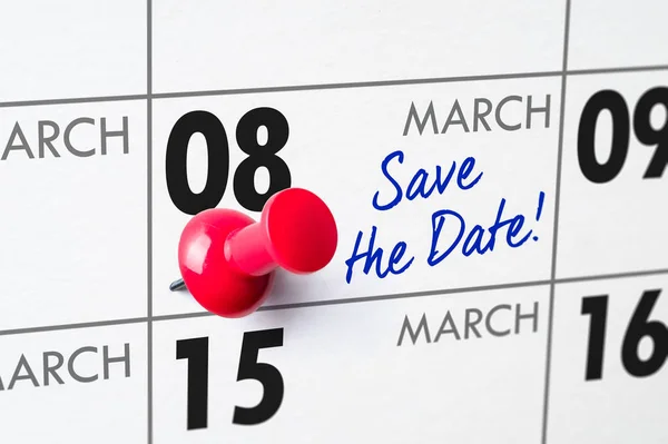 Wall calendar with a red pin - March 08 — Stock Photo, Image