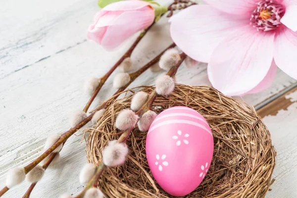 Décoration de Pâques sur fond rustique avec un magnolia — Photo