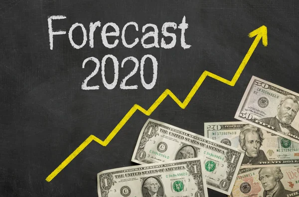 Tekst op schoolbord met geld - Voorspelling 2020 — Stockfoto