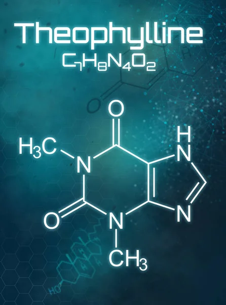 Chemische Formel von Theophyllin auf futuristischem Hintergrund — Stockfoto