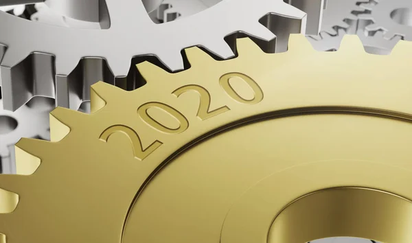 Rodas de engrenagem de metal com a gravura 2020 - 3d render — Fotografia de Stock