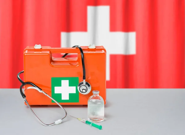 First Aid Kit Stethoscope Syringe Switzerland — Stock Photo, Image