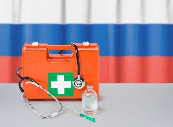 First Aid Kit Stethoscope Syringe Russia — Stock Photo, Image