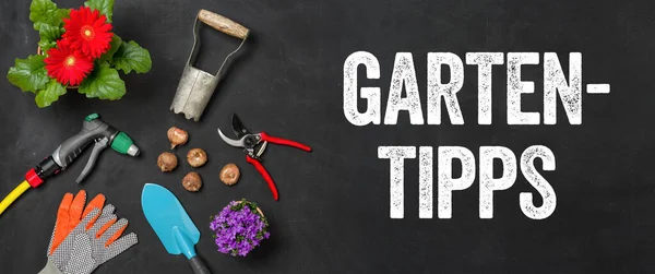 Garden Tools Dark Background Gardening Tips Gartentipps German — Stock Photo, Image