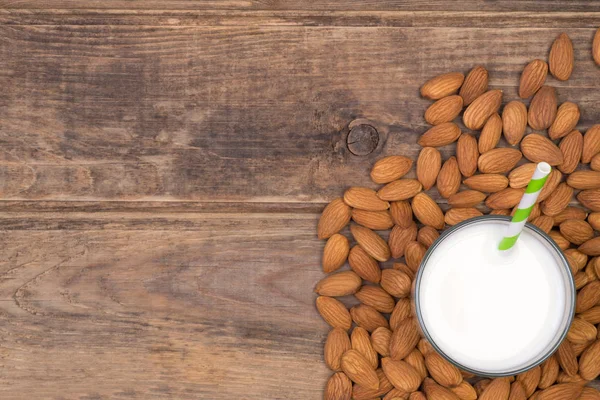 Almond milk top view with copy space — Stock Photo, Image