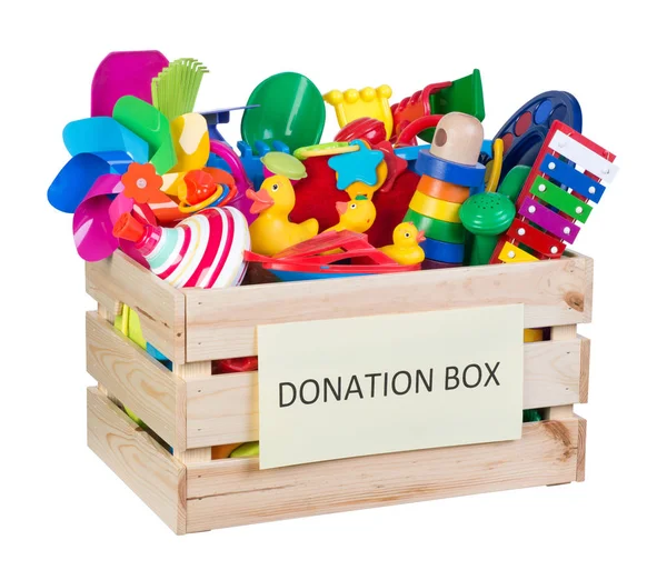 Toys donations box isolated on white background — Stock Photo, Image