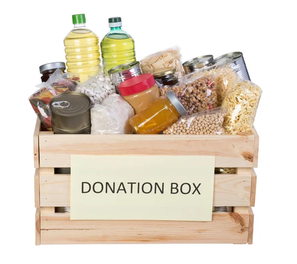 Caixa de doações de alimentos isolada em fundo branco — Fotografia de Stock