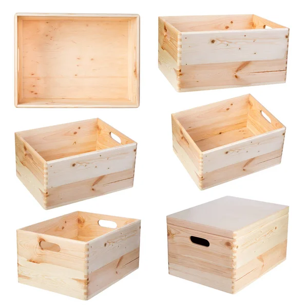 Caixas de madeira isoladas em fundo branco — Fotografia de Stock