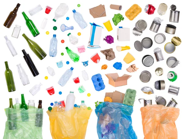 Samples of trash isolated on white and in plastic bags — Stock Photo, Image