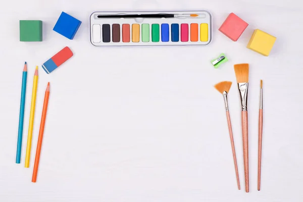 Kid Desk Colorful Pencils Brushes Watercolors Top View Copy Space — Stock Photo, Image