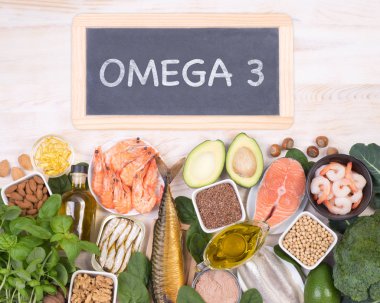 Gıda kaynakları Omega 3 yağ asitleri gibi tahıllar, meyve, sebze ve balık, görünüm top