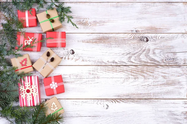 Cadeaux Noël Sur Fond Blanc Bois Avec Espace Copie Vue — Photo