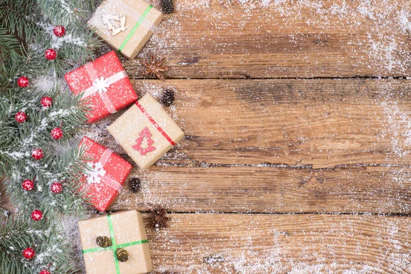 Regali Natale Sfondo Legno Con Spazio Copia Vista Dall Alto — Foto Stock