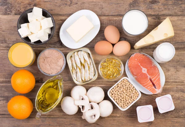 Vitamín Zdroje Potravy Pohled Shora Dřevěné Pozadí — Stock fotografie