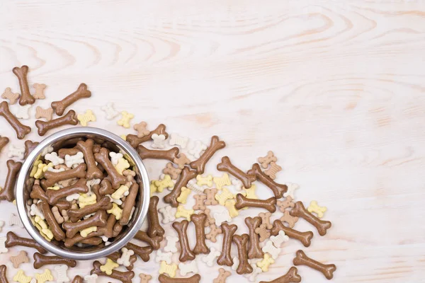 Dog Food Bowl Wooden Background Copy Space — Stock Photo, Image