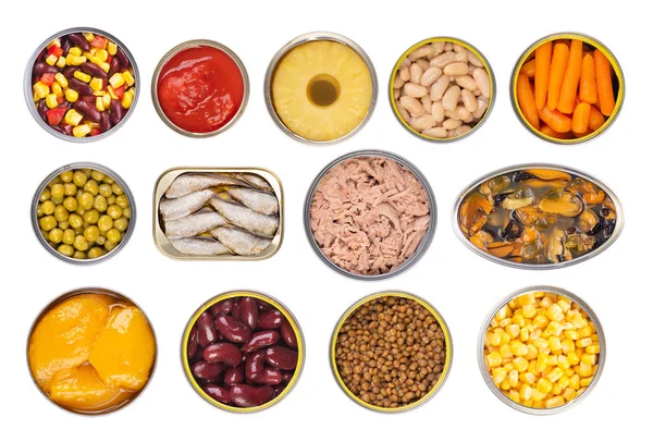 Konzervované Potraviny Izolované Bílém Pozadí Horní Pohled — Stock fotografie