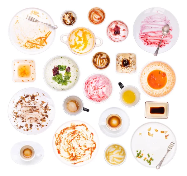 Schmutzige Weiße Teller Schalen Und Tassen Nach Einer Mahlzeit Isoliert — Stockfoto