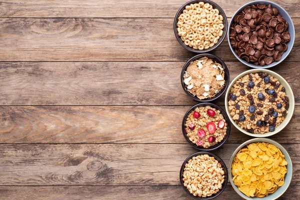 Breakfast Cereals Bowls Rustic Wooden Table Top View Copy Space — 스톡 사진