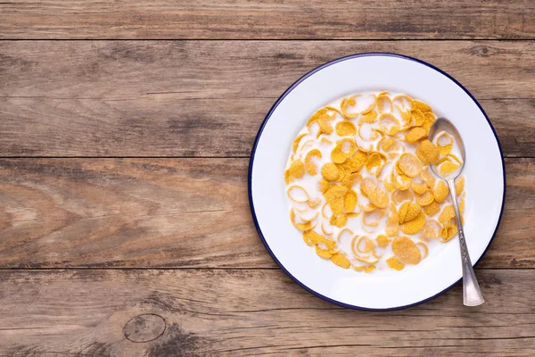 Cornflakes Sur Une Assiette Émail Blanc Avec Lait Sur Une — Photo