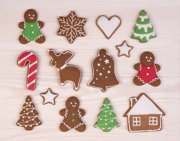 Christmas Gingerbread Cookies White Wooden Background — Stock Photo, Image