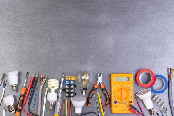 Electrician Equipment Metalic Background Top View — Stock Photo, Image