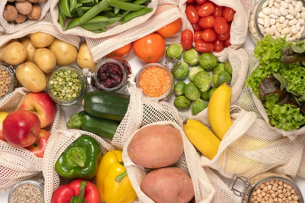 Concept Zéro Déchet Fruits Légumes Dans Des Sacs Coton Réutilisables — Photo