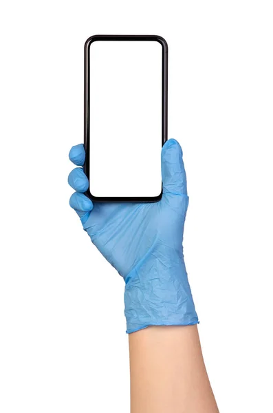 Smartphone Bianco Tenuto Mano Guanto Protettivo Blu Isolato Sfondo Bianco — Foto Stock