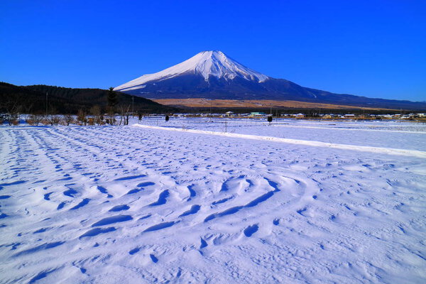 Mt.Fuji of snowy blue sky from Oshino Village Japan 27 / 01 / 2018
