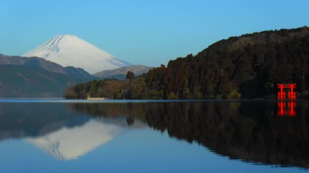 Ters Fuji Dağı Hakone Tapınak Barış Torii Japonya 2018 — Stok video