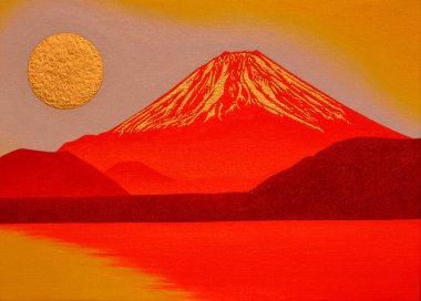 Yağlı boya Golden sun'ın gündoğumu ve kırmızı Mt.Fuji Gölü Motosu Japonya 2018 üzerinden
