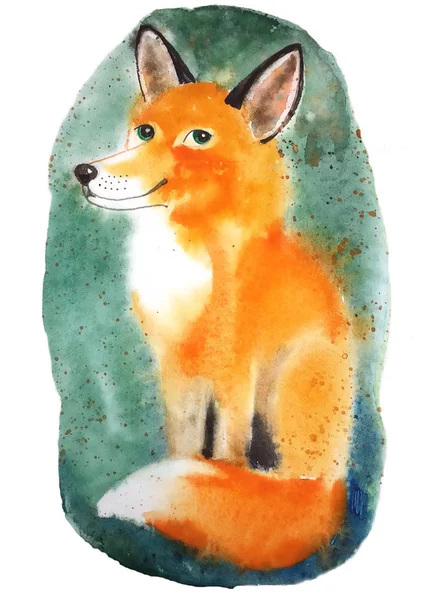 Watercolor Ilustrasi Lucu Berbulu Merah Fox Lucu Dengan Telinga Merah — Stok Foto