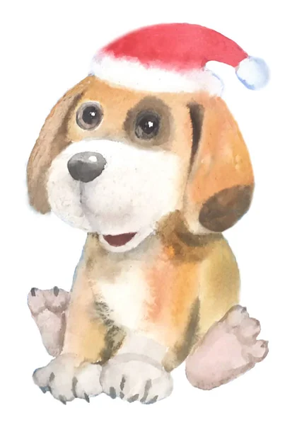büyük kulaklar ve kırmızı şapkalı bir kahverengi nokta ile büyük sevimli peluş oyuncak köpek komik oturuyor