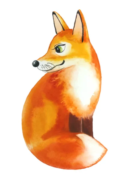 Акварельная Иллюстрация Милой Пушистой Красной Fox Сидит Повернувшись Влево Интересом — стоковое фото
